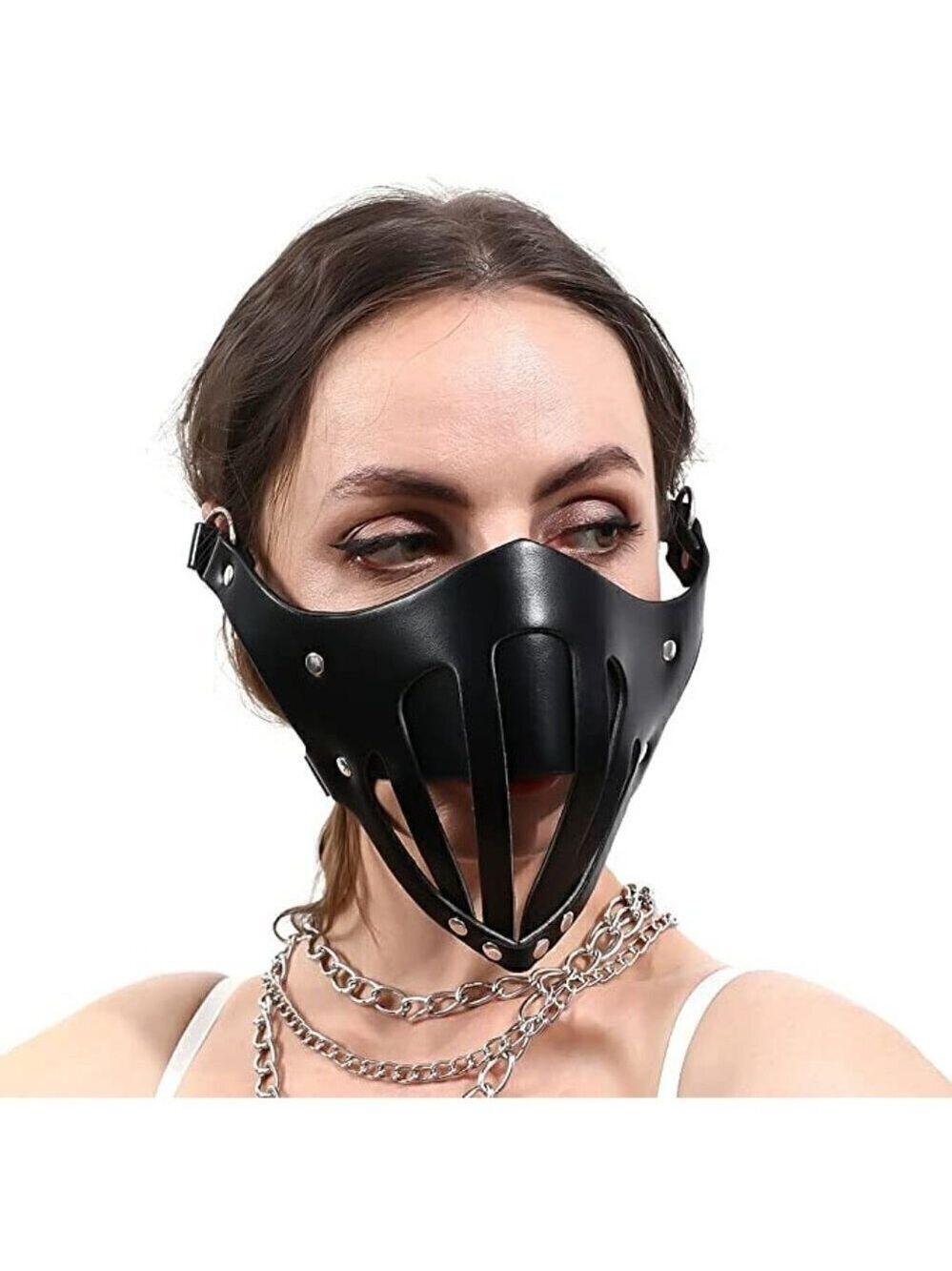 𝅺BLACK Leather Fetish Masquerade Face Mask Slave Bondage BDSM Costume Cosplay